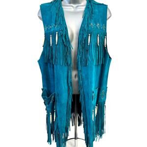 Patricia Wolf Jade Pig Suede Vest Fringe/Painted/Beaded New Old Stock w/Tags